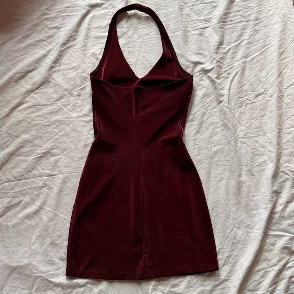 Sold! - Red Velour Halter Bodycon Mini Cocktail Dress - Picture 2 of 3